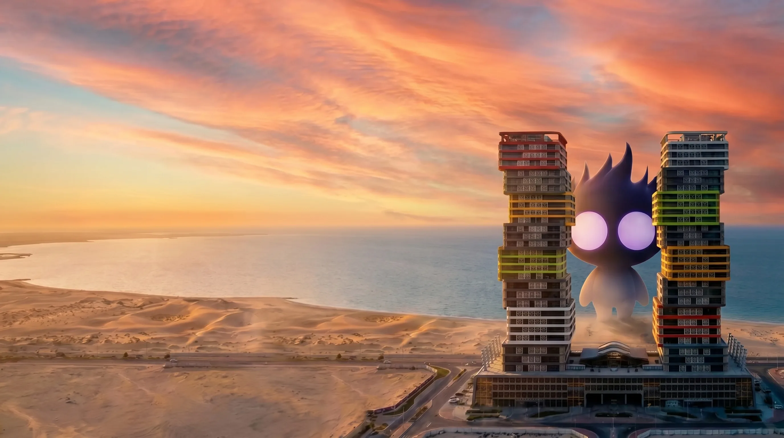 Koba standing between Shara's Marina Twin Towers in Lusail at sunset